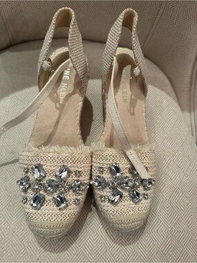 Nine West Cream Woven Espadrille Wedges with Crystal Accents